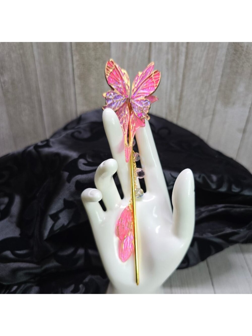 Handmade Delicate Gold and Pink Butterfly Hair Stick w/ Wings and Crystal 7" L